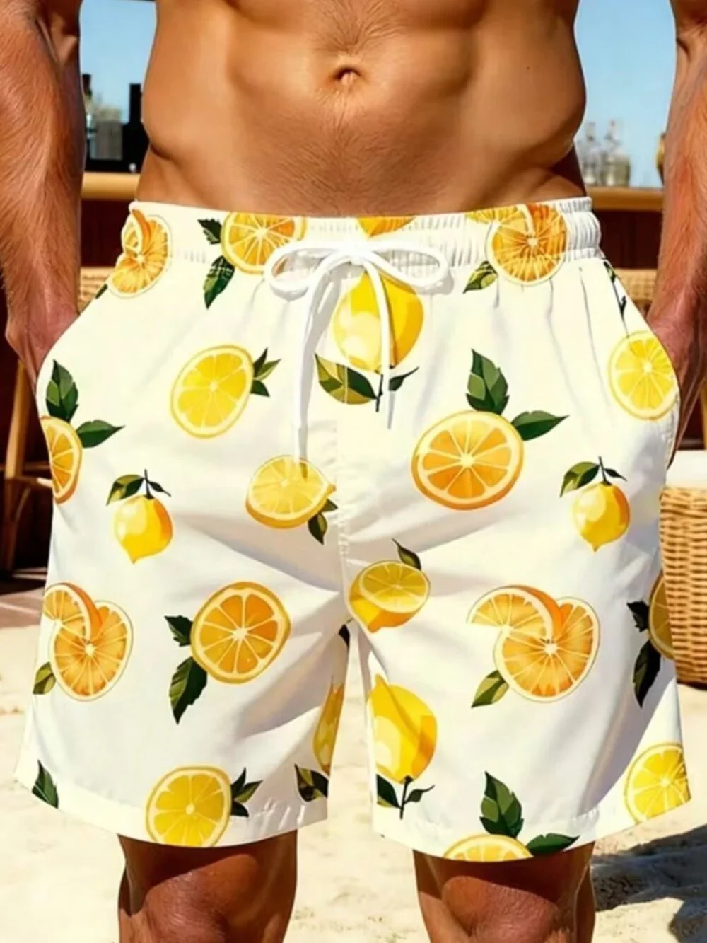 Multicolor Casual Men's Lemon Print Beach Shorts